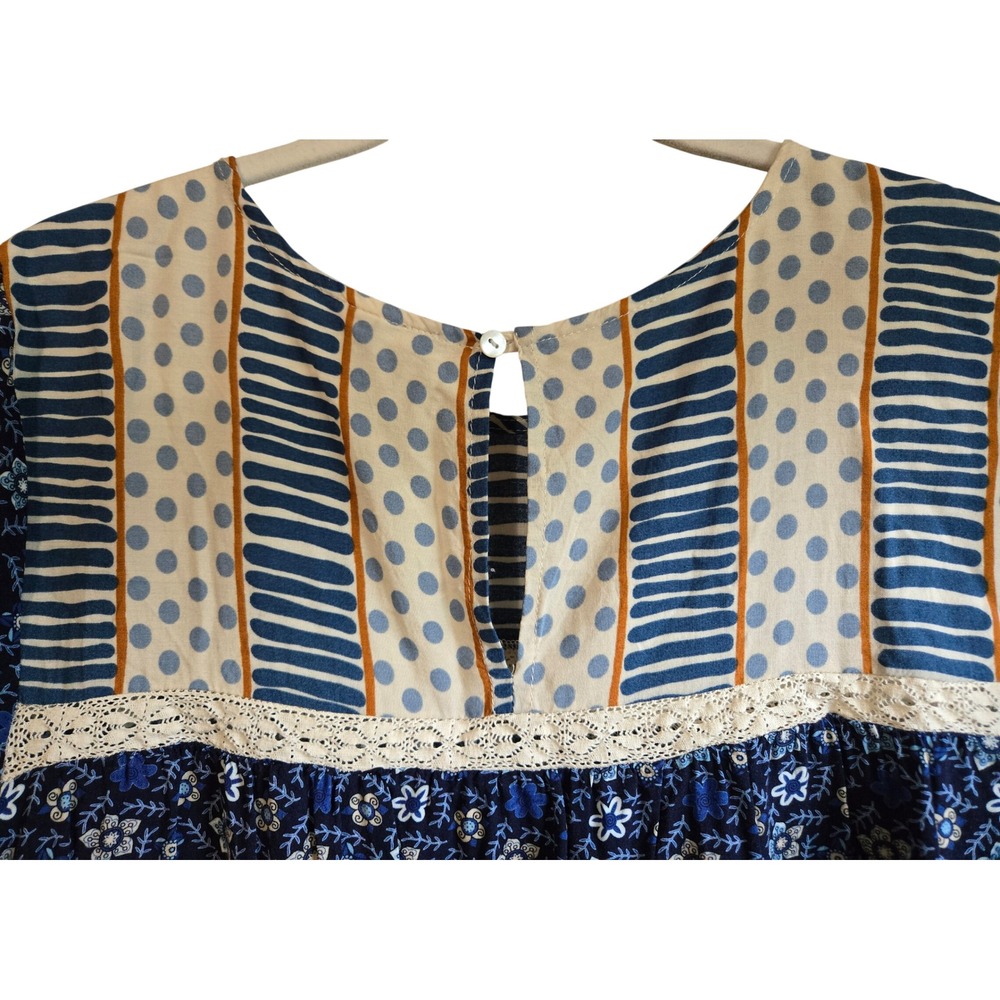 Blue Tassel Womens L Boho Mixed Print Floral Polka Dot Lace Trim Blouse Blue - Picture 9 of 9